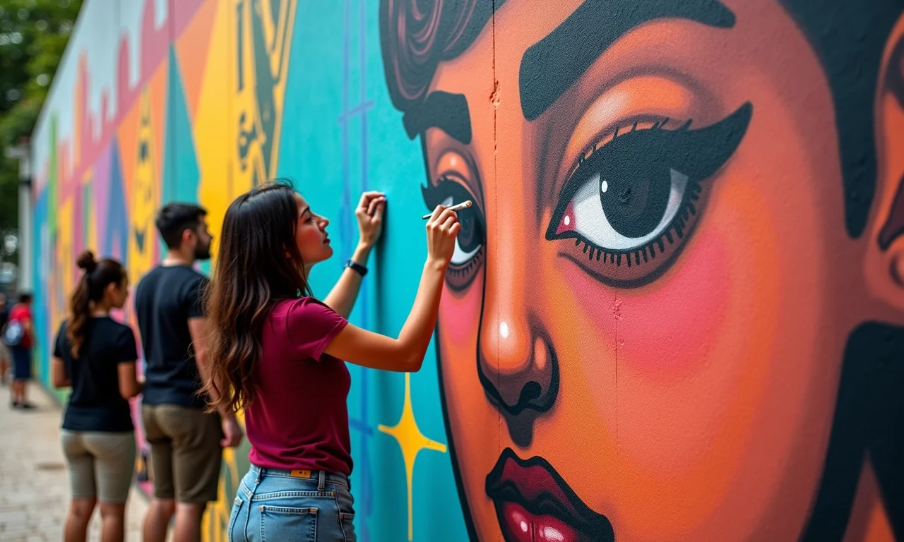 Estudantes criando mural com mensagem política em parede pública no Brasil.