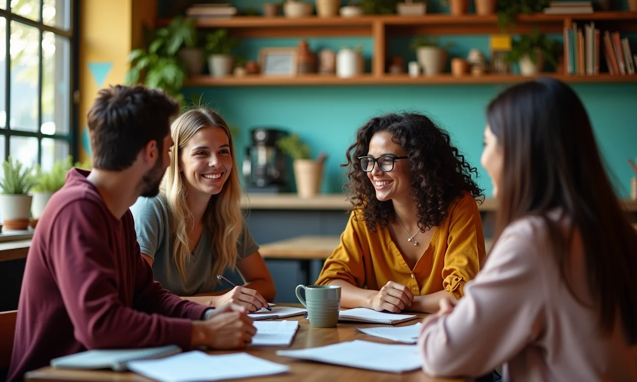 Estudantes de cinema brasileiros em café vibrante trocando ideias.