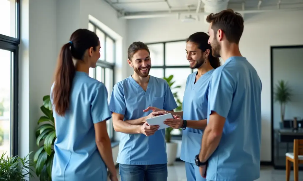 Estudantes de fisioterapia colaborando em clínica moderna e iluminada.