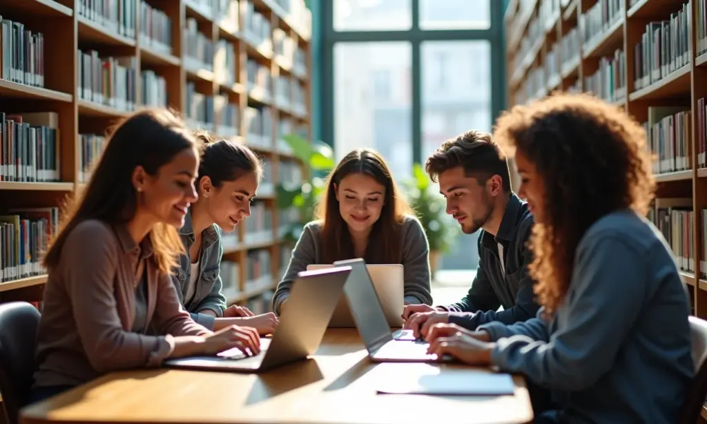 Como é o Processo Seletivo de Mestrado Etapas e Dicas Estudantes de pós-graduação colaborando em biblioteca moderna.