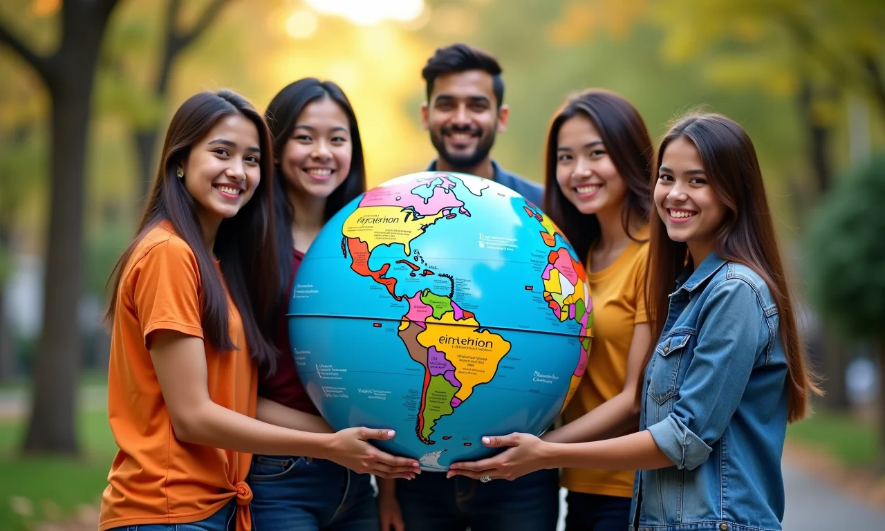 Estudantes diversos ao redor de um globo, representando as melhores universidades globais do Ranking QS.