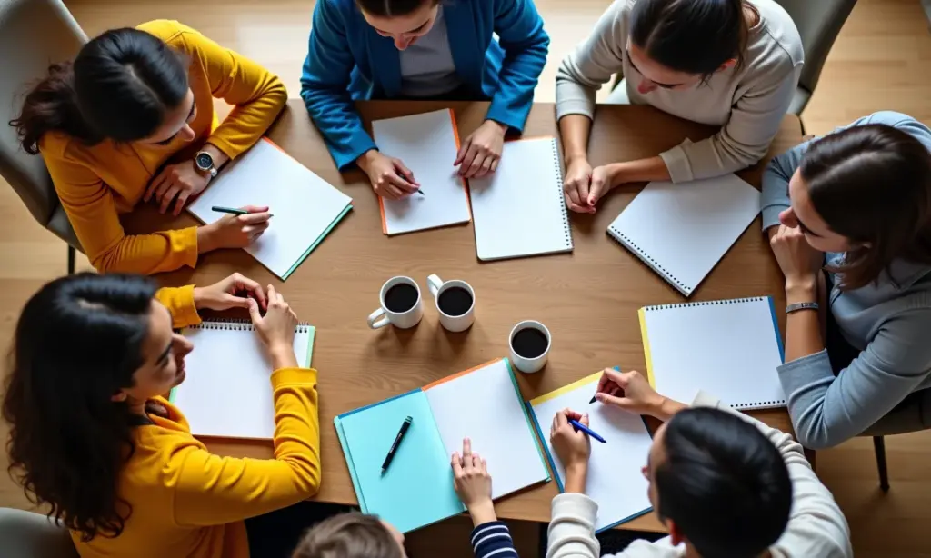 Como Fazer Anotações Eficientes Método Cornell e Outros Estudantes diversos colaborando em anotações com o método Cornell em mesa de madeira.