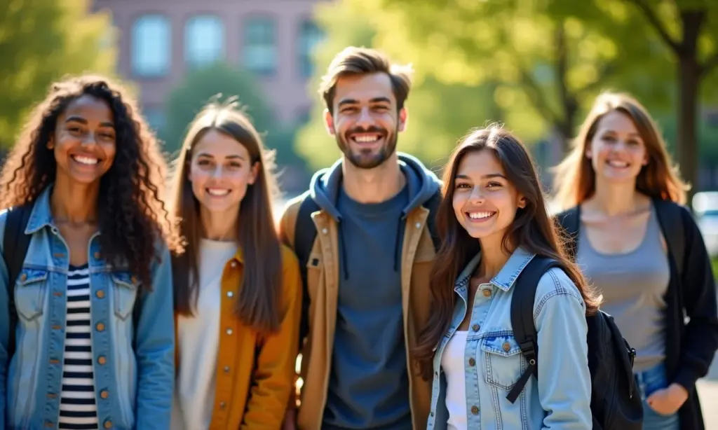 Estudantes diversos em frente à universidade, irradiando esperança.
