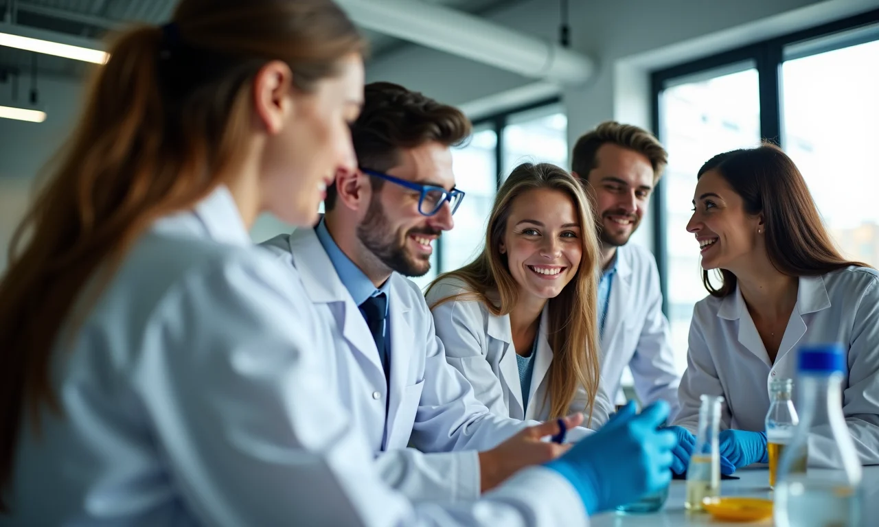 Estudantes diversos em laboratório universitário estudando genética.