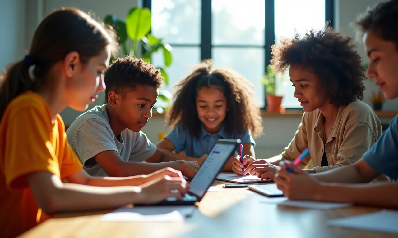 Estudantes diversos em sala de aula moderna aprendendo sobre tecnologia.