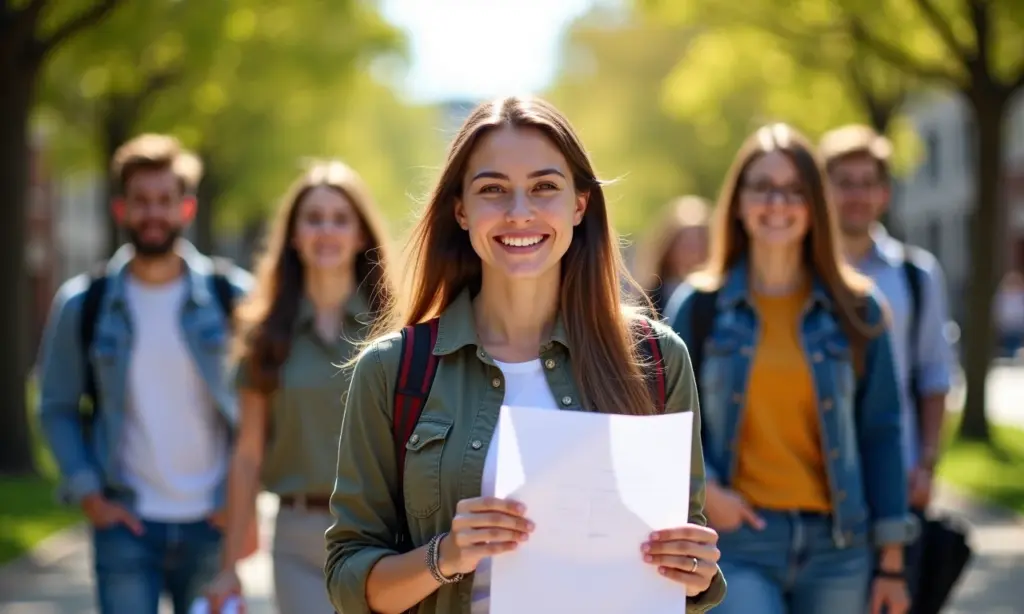 Nome Social na Universidade Como Solicitar e a Importância Estudantes diversos sorrindo em campus universitário, um segurando formulário de solicitação de nome social.