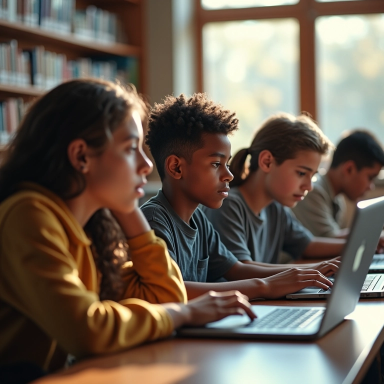Estudantes do ensino médio pesquisando cursos técnicos em uma biblioteca.
