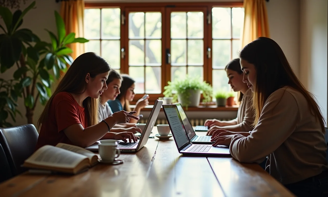 Estudantes pesquisando faculdades de teologia online em espaço colaborativo.