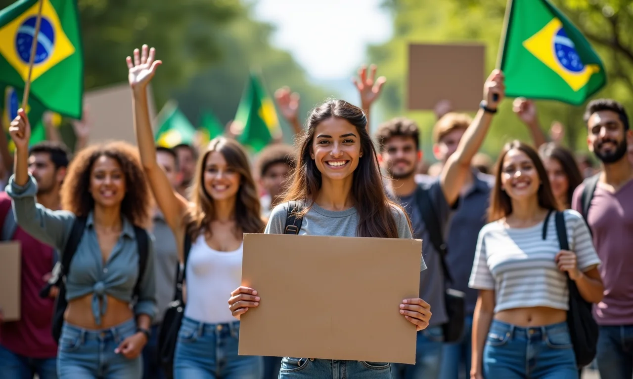 Estudantes protestando pacificamente em campus universitário com bandeiras do Brasil.