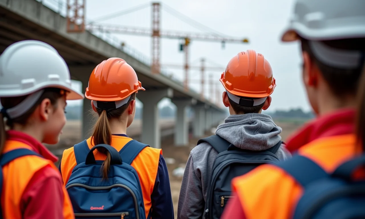 Estudantes visitam obra de construção de ponte para aprender.