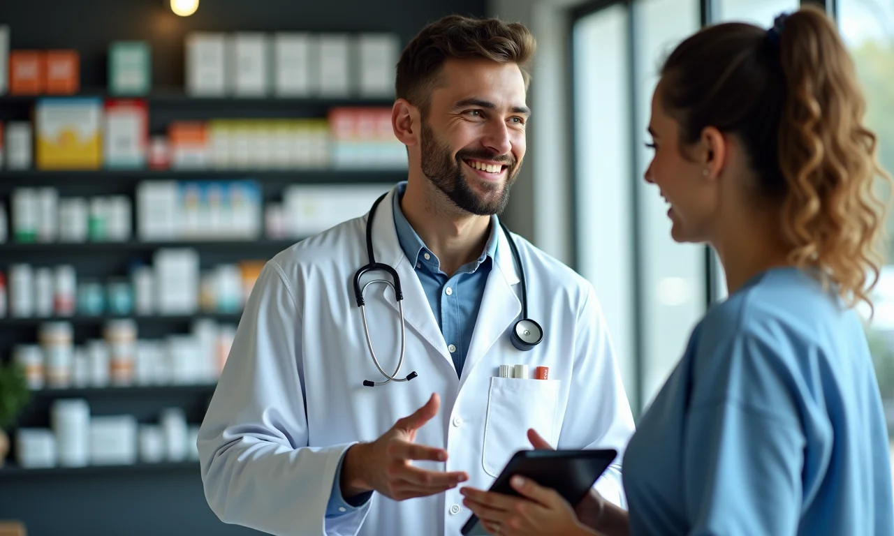 Farmacêutica confiante explicando medicação para paciente em farmácia moderna.