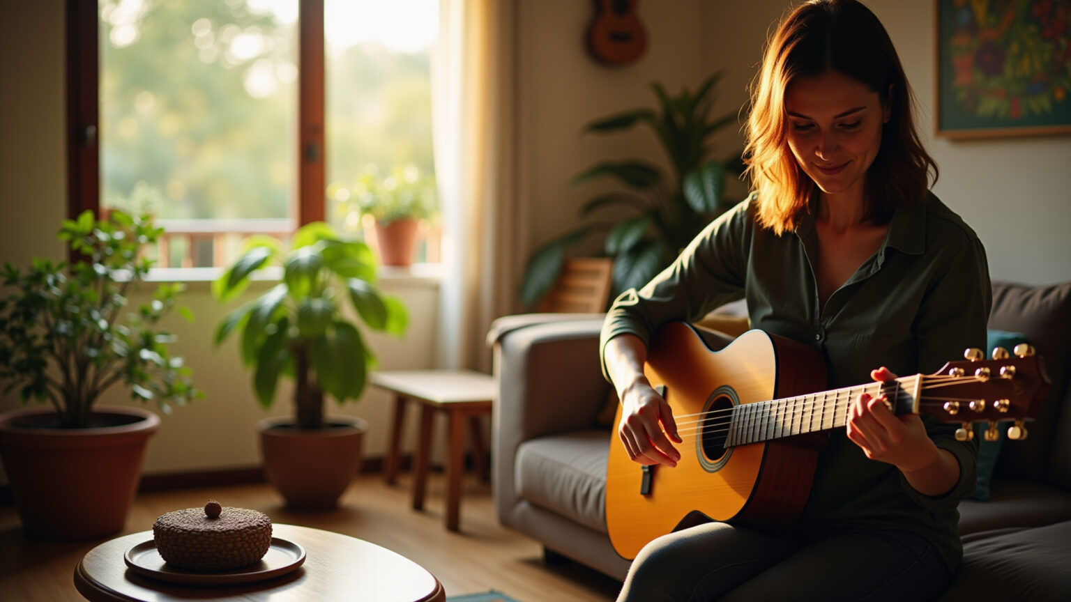 Pessoa tocando violão em sala ensolarada com decoração brasileira.