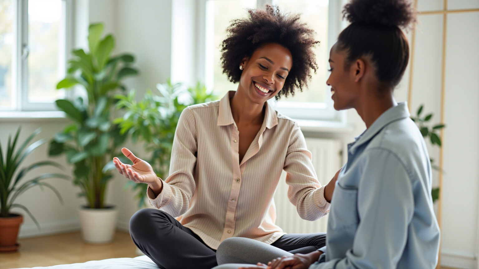 Terapeuta holística conduzindo sessão em ambiente acolhedor.