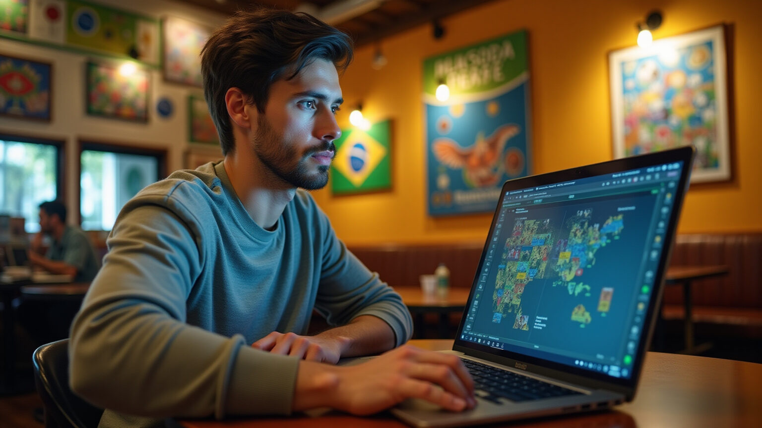 Analista esportivo amador trabalhando em um café.