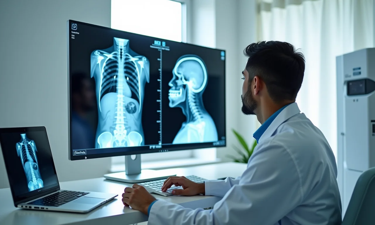 Físico médico analisando exame de ressonância magnética.