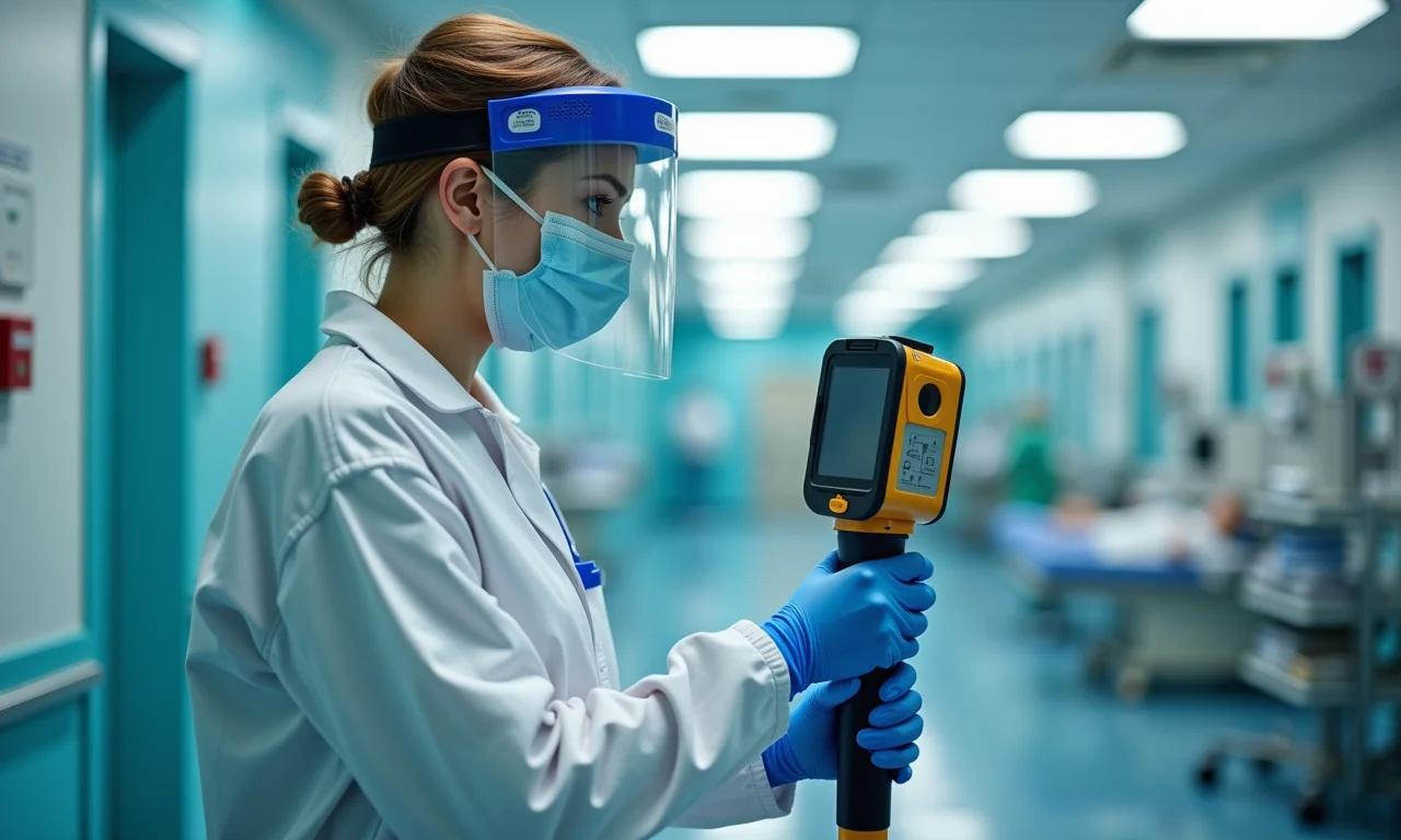 Físico médico medindo radiação com equipamento de proteção.