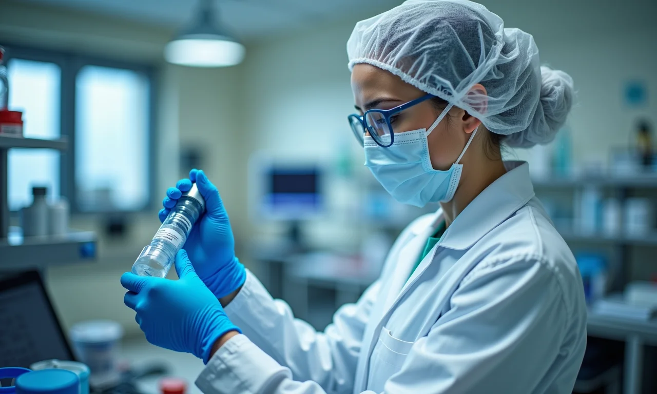 Físico médico preparando radiofármaco em laboratório.