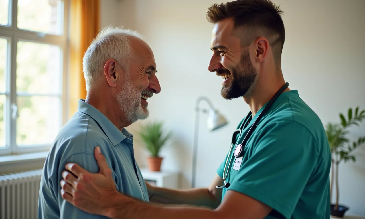 Fisioterapeuta incentivando paciente idoso durante exercício de reabilitação.