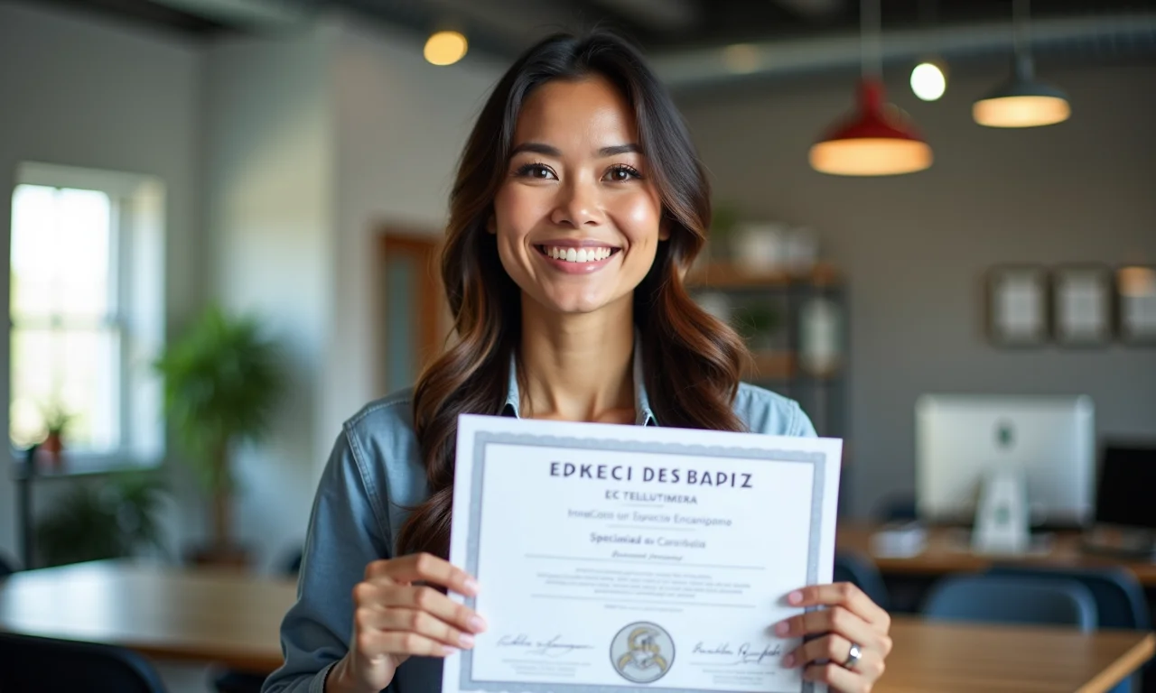 Fonoaudióloga com certificado de especialização em mãos, sorrindo.