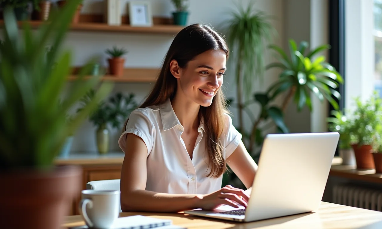 Fonoaudióloga criando conteúdo para redes sociais em home office.