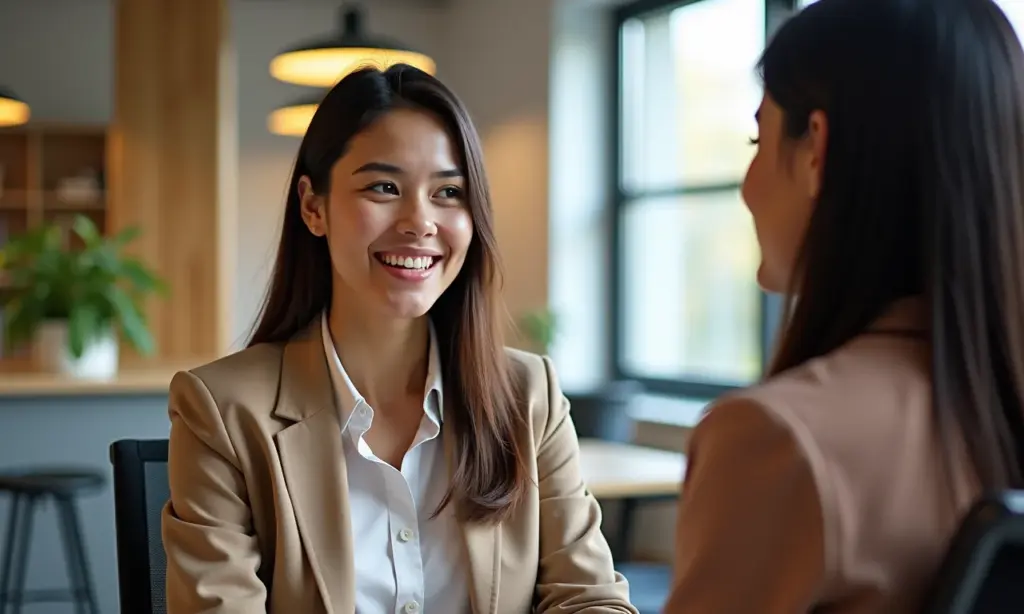 Salário de Fonoaudiólogo Descubra a Média de Ganhos Fonoaudióloga sorrindo em consultório, discutindo opções salariais com paciente.