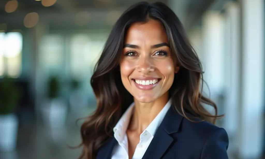 Foto profissional de uma mulher sorrindo, ideal para perfil no Vagas.com.