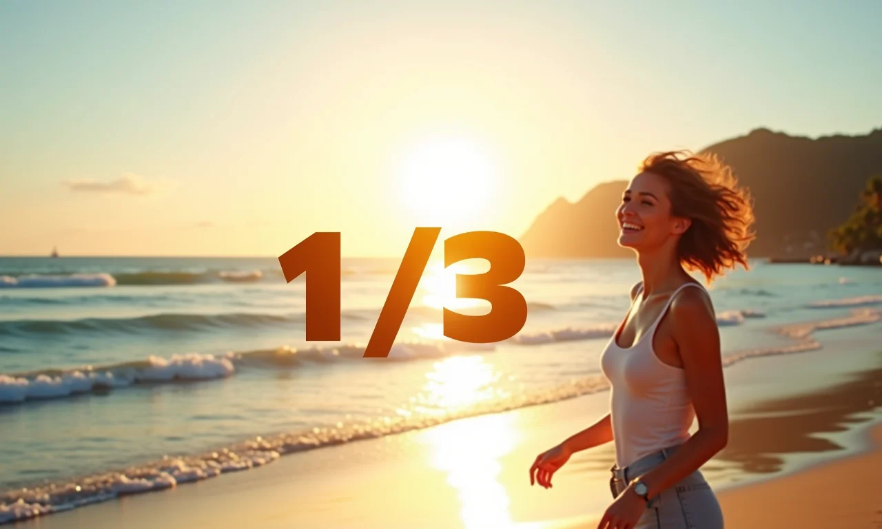 Fração 1/3 sobreposta a uma cena de praia brasileira, representando o terço constitucional.