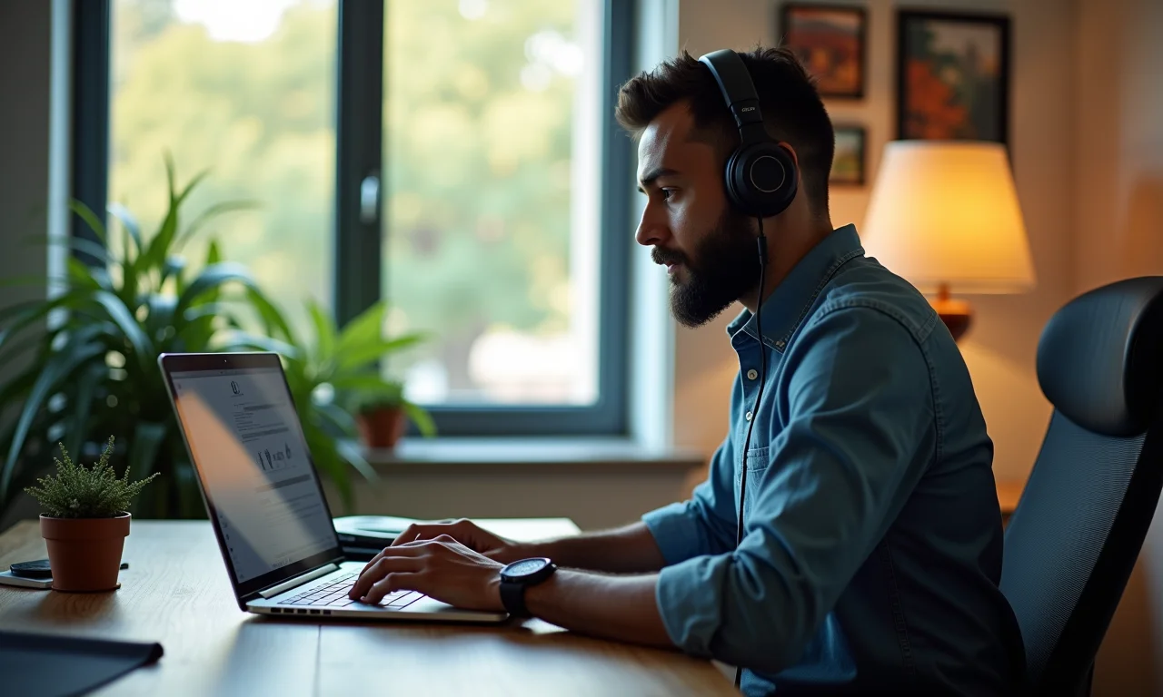 Freelancer brasileiro usando software de IA em um laptop, otimizando o fluxo de trabalho.