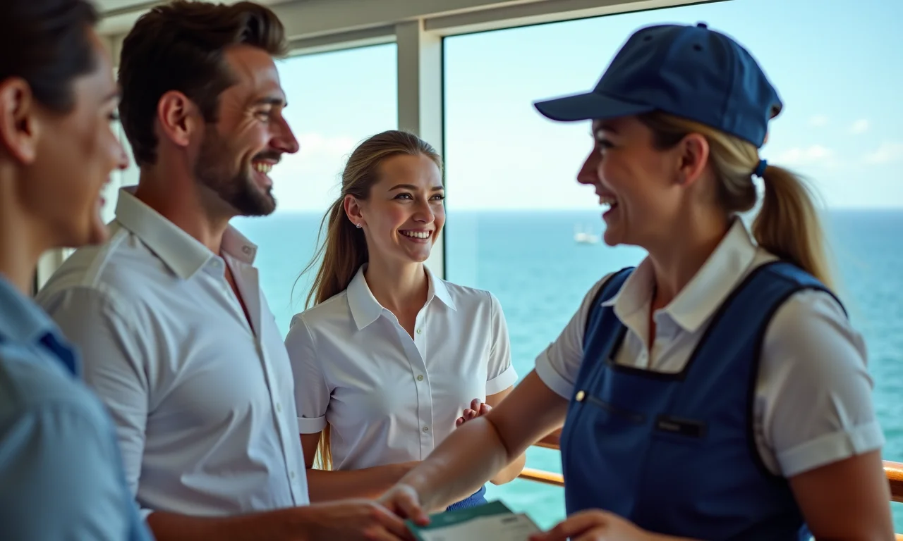 Funcionário de cruzeiro recebendo salário e comemorando.