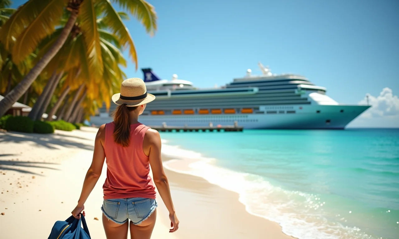 Funcionário de cruzeiro relaxando em praia paradisíaca.