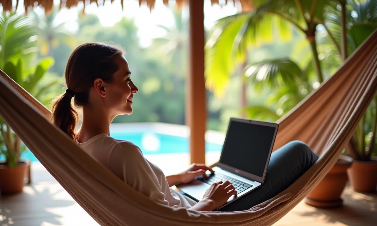 Funcionário relaxado trabalhando em rede em varanda ensolarada, desfrutando da semana de 4 dias.