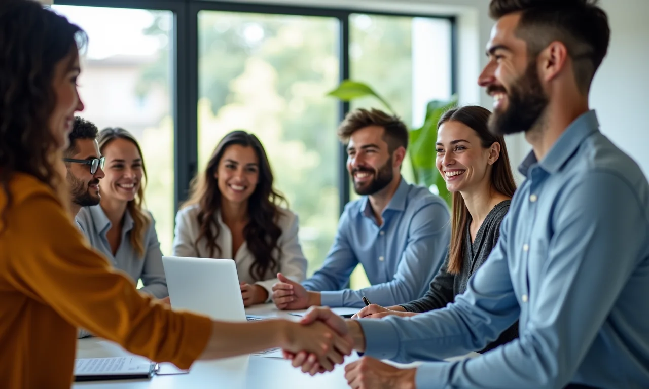 Funcionário sendo reconhecido pelo gerente em ambiente de trabalho positivo.