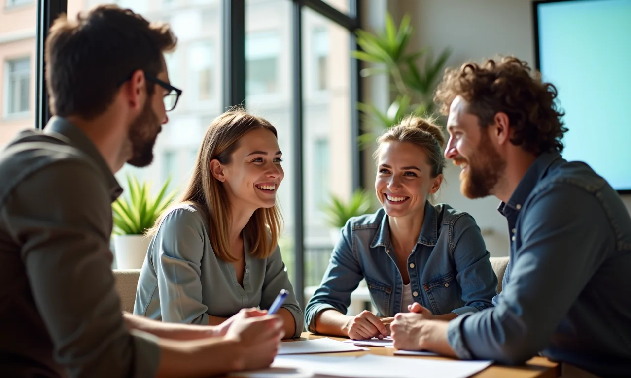 Funcionários discutindo os benefícios de um canal de denúncias em um ambiente de trabalho colaborativo.