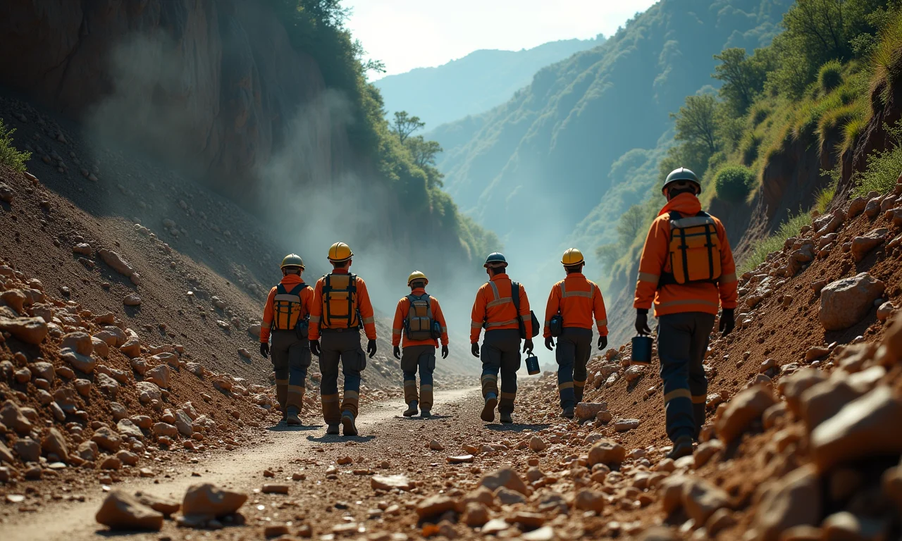 Geólogos explorando recursos naturais em mina.