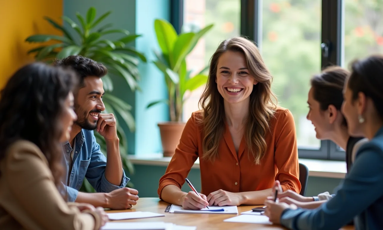 Gerente de projetos liderando reunião de equipe, ambiente colaborativo e inspirador.