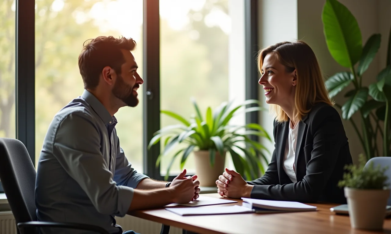 Gerente ouvindo atentamente um funcionário em um escritório iluminado.