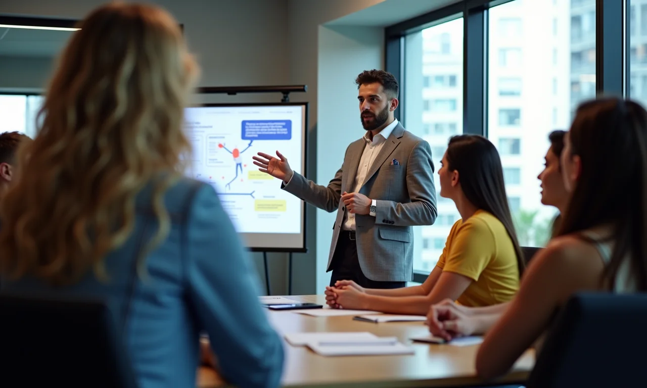 Gestor de mídias sociais apresentando resultados de campanha bem-sucedida em SP.