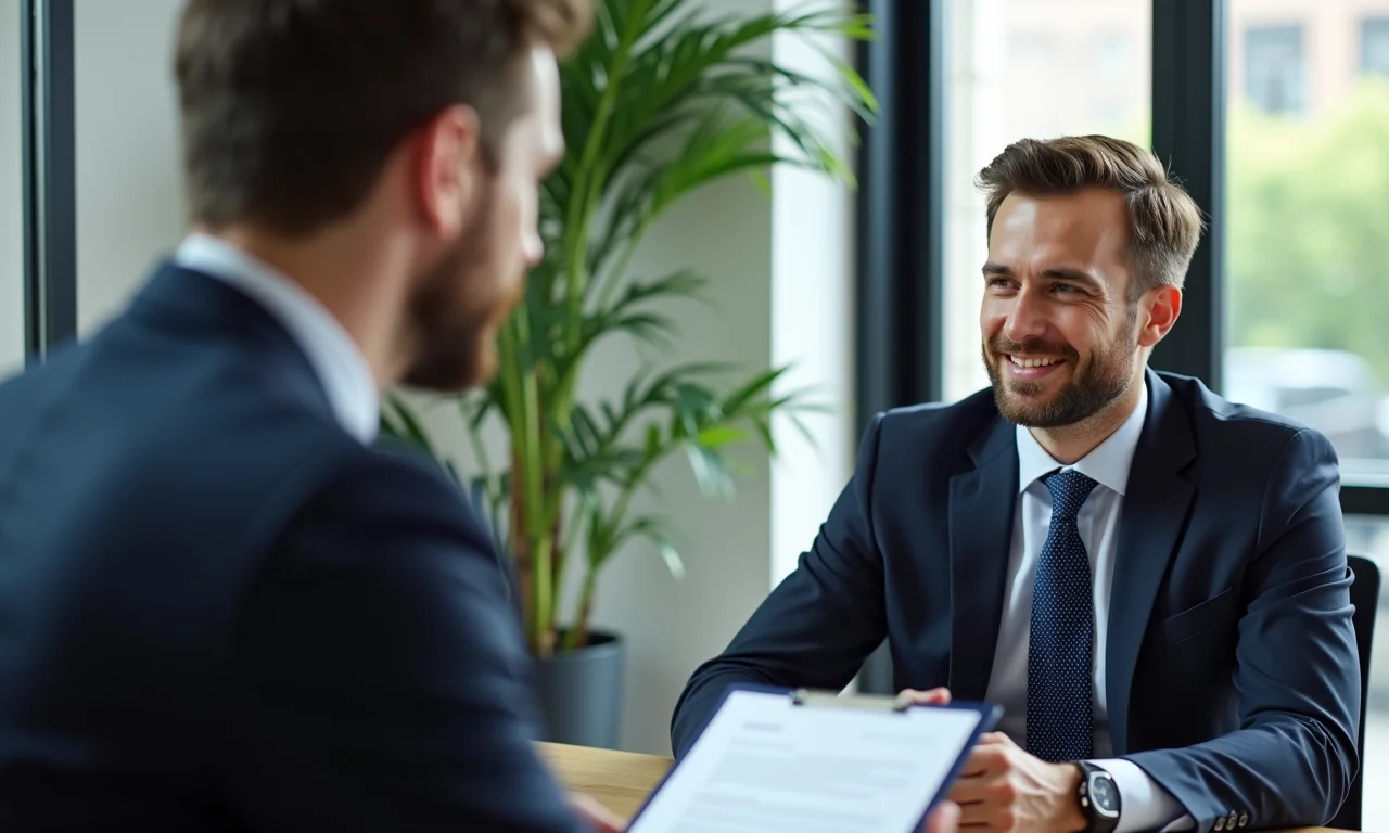 Gestor de mídias sociais sênior negociando contrato com cliente em escritório.