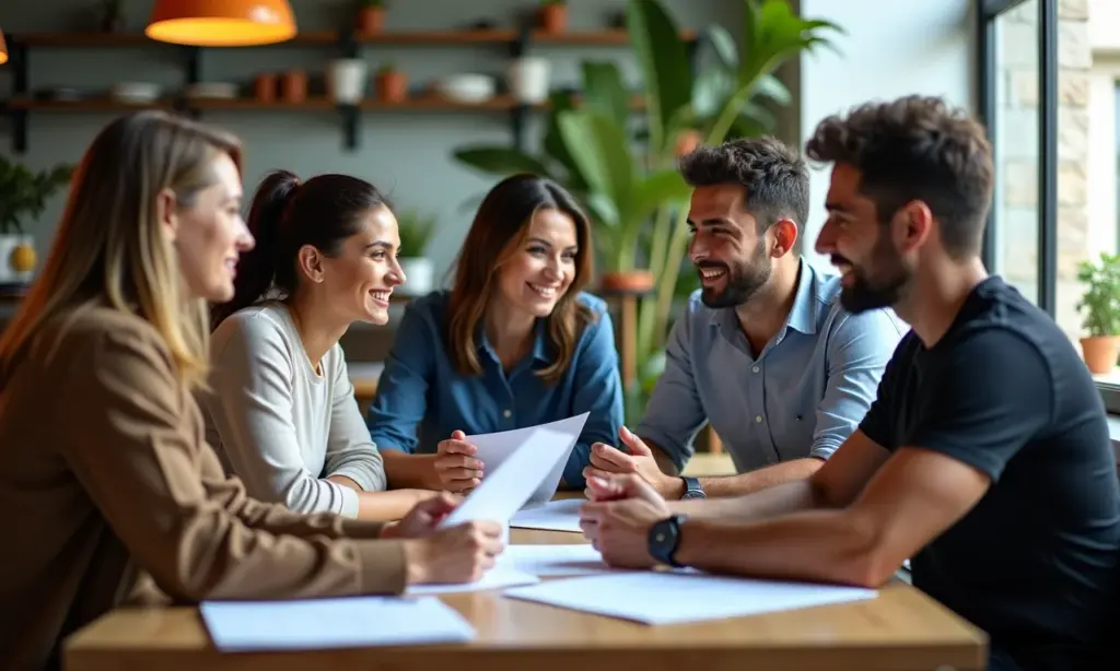 Trabalhador Autônomo Exclusivo Pode Configurar Vínculo Grupo de autônomos diversos discutindo contratos em um espaço de co-working vibrante no Brasil.