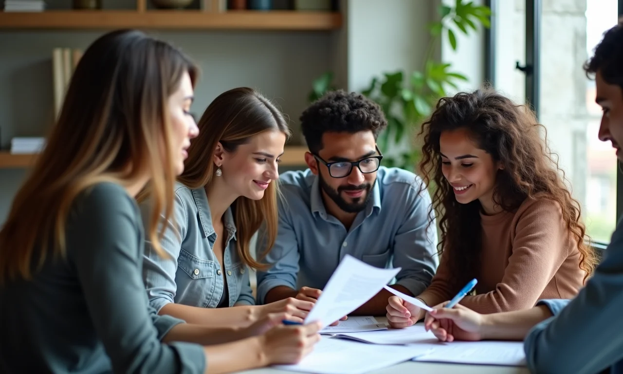 Grupo de estudantes de direito revisando currículos em conjunto.