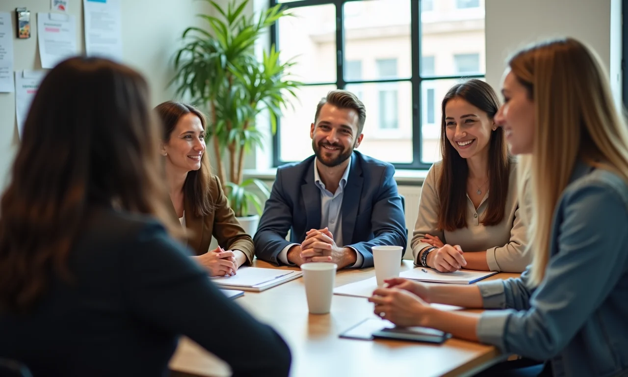 Grupo de jovens profissionais participando de dinâmica em entrevista de estágio.