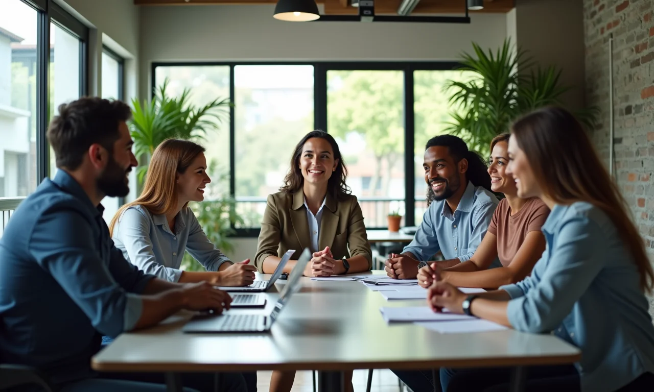 Grupo de profissionais brasileiros discutindo salários e comissões em escritório moderno com decoração vibrante.
