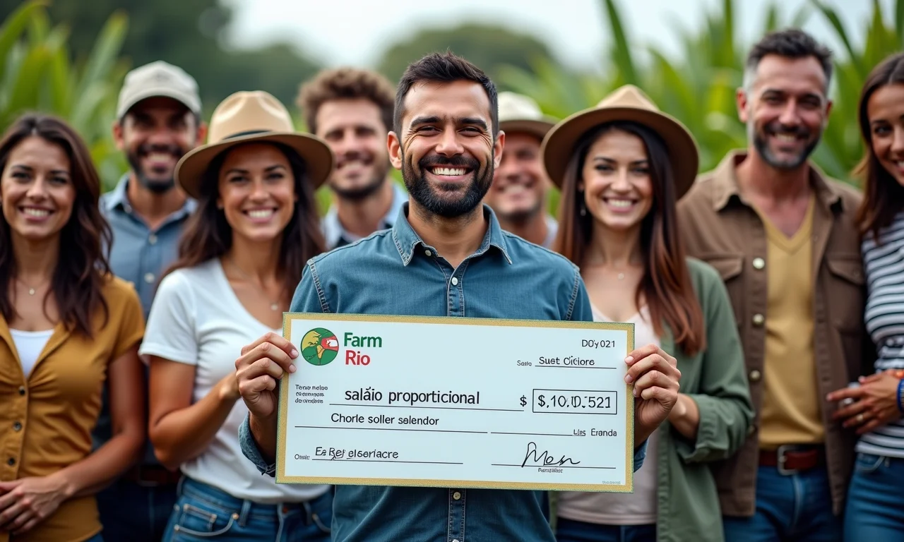 Grupo de trabalhadores rurais celebrando o recebimento do 13º salário proporcional.
