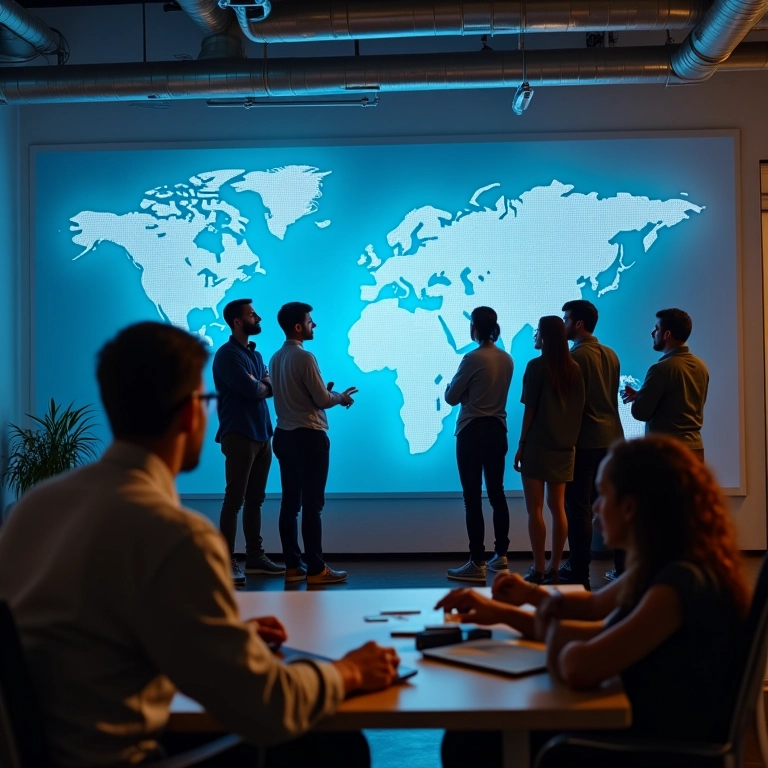 Grupo discutindo dados complexos em ambiente moderno.