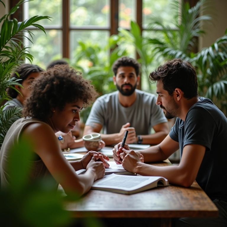 Grupo diversificado debatendo criticamente informações.