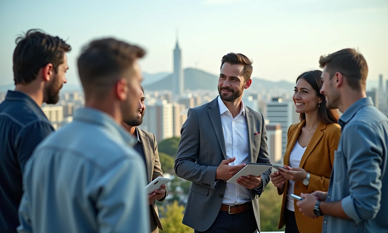 Grupo diversificado pesquisando profissões em alta no mercado.