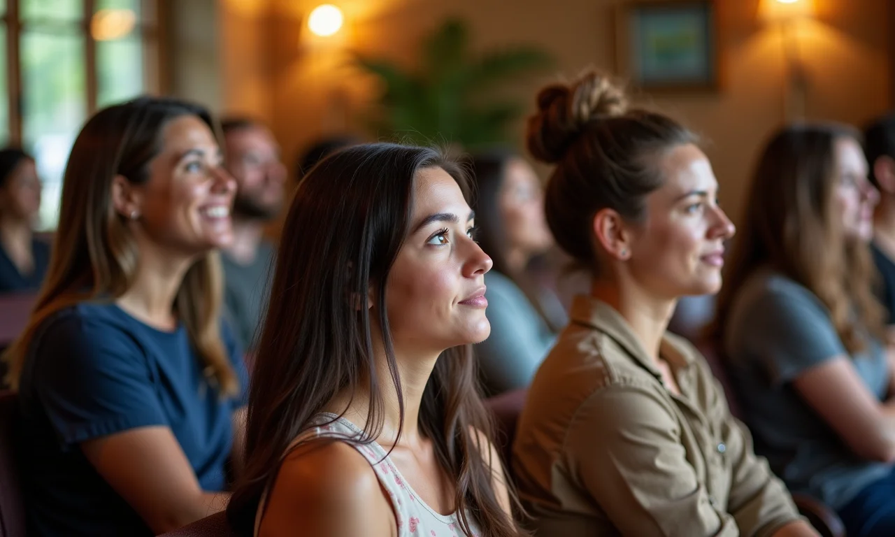 Grupo diverso aguardando entrevista coletiva em sala de espera com decoração Farm Rio.