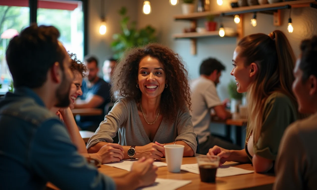 Grupo diverso conversando sobre experiências informais.