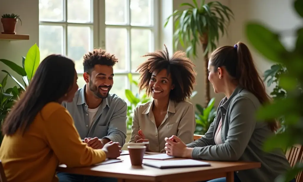 Guia de Carreira em Serviço Social Um Olhar Humano Sobre a Profissão Grupo diverso de assistentes sociais colaborando em um centro comunitário iluminado e acolhedor.