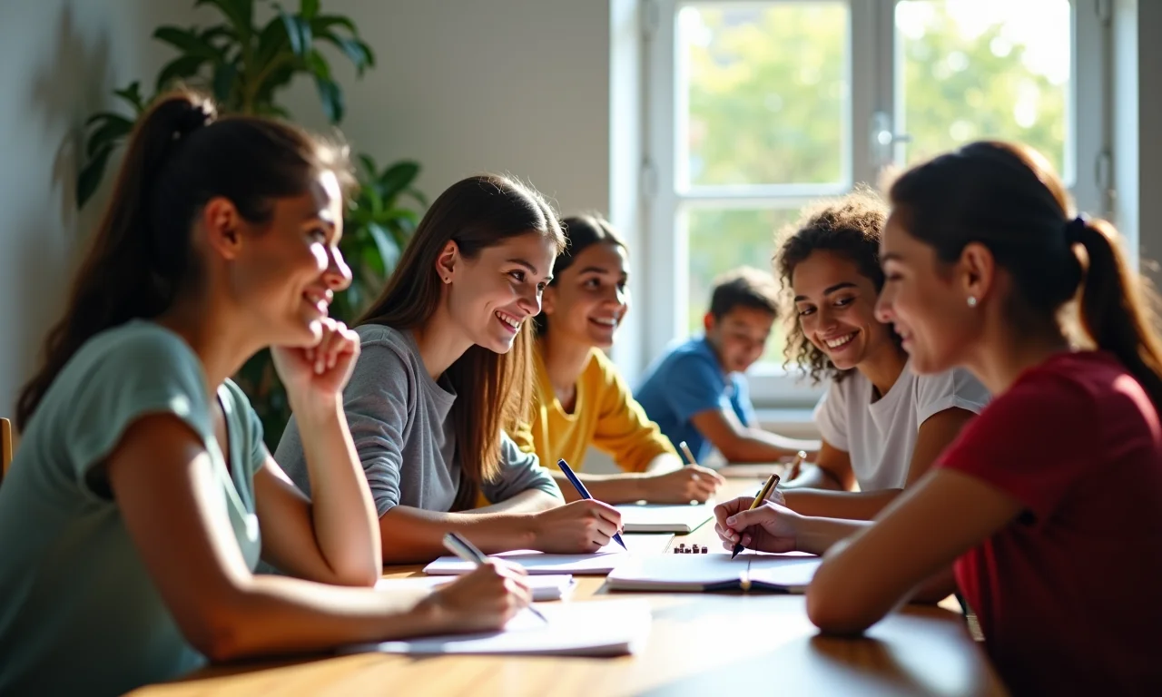 Grupo diverso de brasileiros aprendendo um novo idioma.